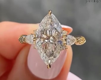 Vintage Marquise Cut Moissanite Engagement Ring 14K Solid Gold Art Deco Wedding Ring Unique Cluster Milgrain Nature Inspired Ring