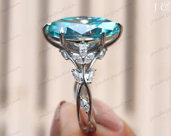 Cyan Blue Floral Marquise Cut Moissanite Engagement Ring Vintage 14K Gold Moissanite Diamond Wedding Ring Nature Inspire Ring For Women