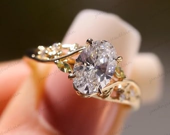 Floral 3 CT Oval Cut Moissanite Engagement Ring Vintage 14K Solid Gold Moissanite Solitaire Wedding Ring Nature Inspire Ring Promise Ring