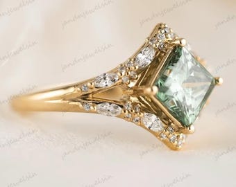 Green Princess Cut Moissanite Engagement Ring Vintage Art Deco Ring 14K Gold Diamond Halo Ring Unique Bridal Ring Anniversary Gift for Her
