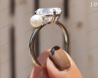 Toi Et Moi Oval Moissanite Engagement Ring Pearl & Oval Cut Two Stone Ring 14k Gold Wedding Ring For Her Proposal Ring Birthday Gifts