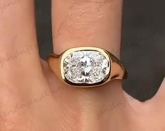 Unique East West Bezel Set Cushion Cut Moissanite Engagement Ring 14K Solid Gold Wedding Ring Anniversary Ring Christmas Gift Proposal Ring