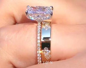 3CT Radiant Cut Moissanite Engagement Ring Set 14k Yellow Gold Solitaire Pave Band Unique Modern Bridal Wedding Ring Set Anniversary Gifts