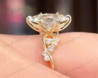2CT Marquise Moissanite Engagement Ring 14K Gold Leaf Band Unique Wedding Ring Diamond Side Stones Floral Ring Gift for Her Anniversary Ring