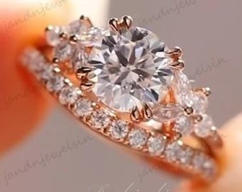 Round Moissanite Engagement Ring Set 14K Gold bridal Ring Set Vintage Inspired Double Band Unique Bridal Wedding Ring Anniversary Gifts