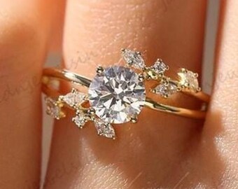 2CT Round Cut Moissanite Engagement Ring 14K Gold Floral Ring Cluster Ring Vintage Bridal Ring Wedding Ring Anniversary Gift For Women