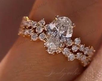 Oval Cut Lab Grown Diamond Engagement Ring 14K Gold Cluster Diamond Band Unique Bridal Ring Vintage Inspired Wedding Ring for Women