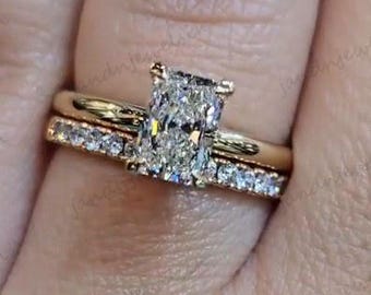 2CT Radiant Cut Moissanite Bridal Set 14K Yellow Gold Engagement Ring with Matching Diamond Band Classic Solitaire Wedding Ring for Women