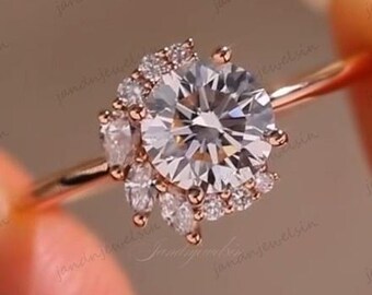 2CT Round Moissanite Engagement Ring Rose Gold Floral Cluster Diamond Ring Dainty Wedding Ring Unique Anniversary Ring Promise Ring For Her