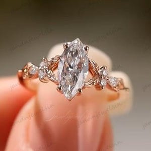 Unique Marquise Moissanite Engagement Ring Nature Inspired Ring 14K Gold Wedding Ring Floral Leaf Cluster Bridal Ring Gift For Anniversary