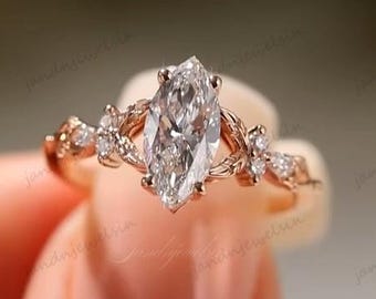 Unique Marquise Moissanite Engagement Ring Nature Inspired Ring 14K Gold Wedding Ring Floral Leaf Cluster Bridal Ring Gift For Anniversary