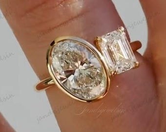 Toi Et Moi Bezel Set Ring Oval Moissanite Engagement Ring Two Stone Unique Ring 18K Solid Gold Wedding Ring For Her Anniversary Gift