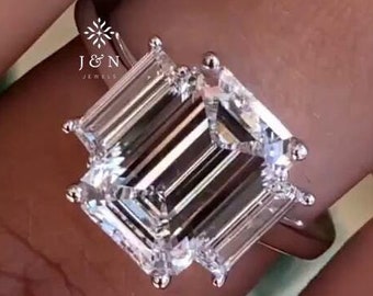 Emerald Cut Moissanite Ring Three Stone Moissanite Engagement Ring Trapezoid Side Stones Sparkly Bridal Ring Unique Ring For Her