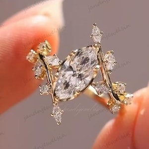 Marquise Cut Moissanite Engagement Ring 14K Gold Leaf Branch Design Nature Inspired Wedding Ring Unique Vintage Floral Ring Anniversary Gift