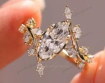 Marquise Cut Moissanite Engagement Ring 14K Gold Leaf Branch Design Nature Inspired Wedding Ring Unique Vintage Floral Ring Anniversary Gift