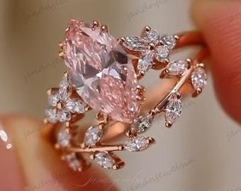 Marquise Pink Lab Grown Diamond Ring Set Floral Leaf Engagement Ring 14K Rose Gold Bridal Set Vintage Wedding Ring Unique Promise Ring