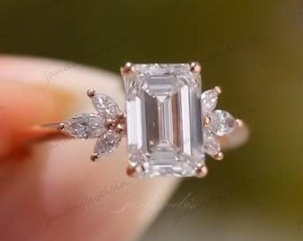 2.5CT Emerald Cut Moissanite Engagement Ring Set 14K Gold Bridal Ring Set Wedding Ring Emerald Cluster Ring Anniversary Gift For Women