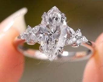 Marquise Cut Moissanite Engagement Ring Floral Side Stones 14K Gold Unique Promise Ring Marquise Cluster Ring Wedding Ring Vintage Ring