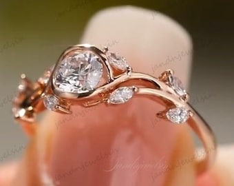 Vintage Floral Round Cut Moissanite Engagement Ring 14K Rose Gold Bezel Set Solitaire Bridal Ring Minimalist Wedding Ring for Women Gift