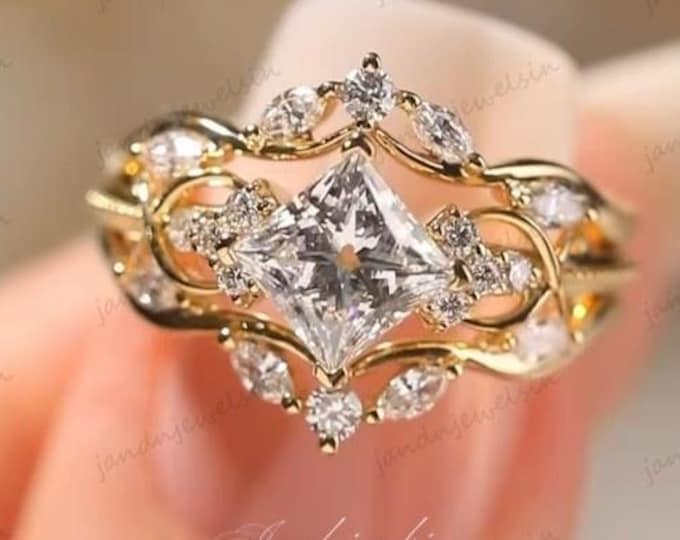 Featured listing image: Princess cut moissanite ring set Unique yellow gold engagement ring set Dainty diamond bridal set Twist promise ring Antique marriage ring