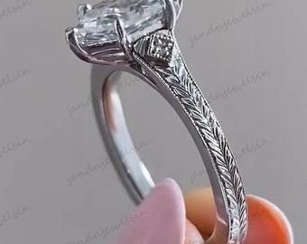 2CT Hexagon Cut Moissanite Engagement Ring 14K White Gold Art Deco Vintage Engraved Solitaire Bridal Ring Wedding Anniversary Gift for Her