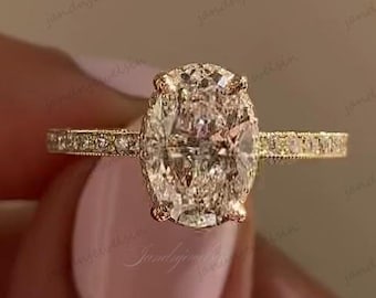 3CT Oval Cut Moissanite Engagement Ring 14K Gold Hidden Halo Ring Milgrain Vintage Art Deco Ring Classic Solitaire Ring Antique Wedding Ring