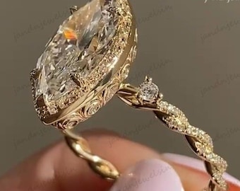 Vintage Marquise Cut Moissanite Engagement Ring 14K Gold Tulip Hidden Halo Nature Inspired Art Deco Anniversary Ring Unique Bridal Ring