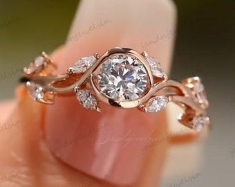 14K Rose Gold Bezel Round Moissanite Engagement Ring Leaf Vine Floral Ring for Women Nature Inspired Wedding Ring Unique Promise Ring Gift