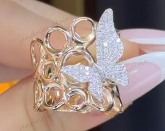 Butterfly Moissanite Diamond Ring 18K Gold Statement Ring Wide Band Ring for Women Dainty Butterfly Promise For Her