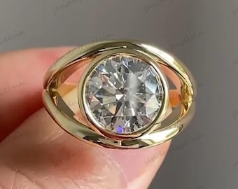 3CT Round Cut Lab Grown Diamond Bezel Set Ring Round Cut Solitaire Ring 18K Solid Gold Split Shank Ring Wedding Ring For Him Proposal Ring