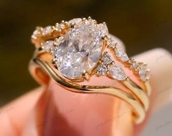 3CT Oval Moissanite Engagement Ring Set Curved Marquise Diamond Enhancer 14K Yellow Gold Bridal Set Unique Vintage Inspired Wedding Ring