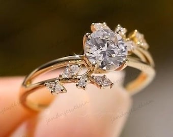 2CT Round Cut Moissanite Engagement Ring Set Floral Leaf Cluster Bridal Ring 14K Gold Nature Inspired Wedding Ring Unique Promise Ring