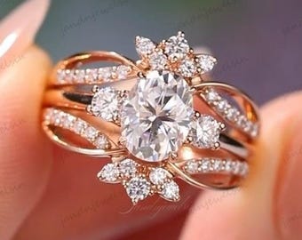 Oval Moissanite Floral Ring Vintage Style 14K Rose Gold Ring Unique Cluster Engagement Ring Triple Band Moissanite Ring Anniversary Ring