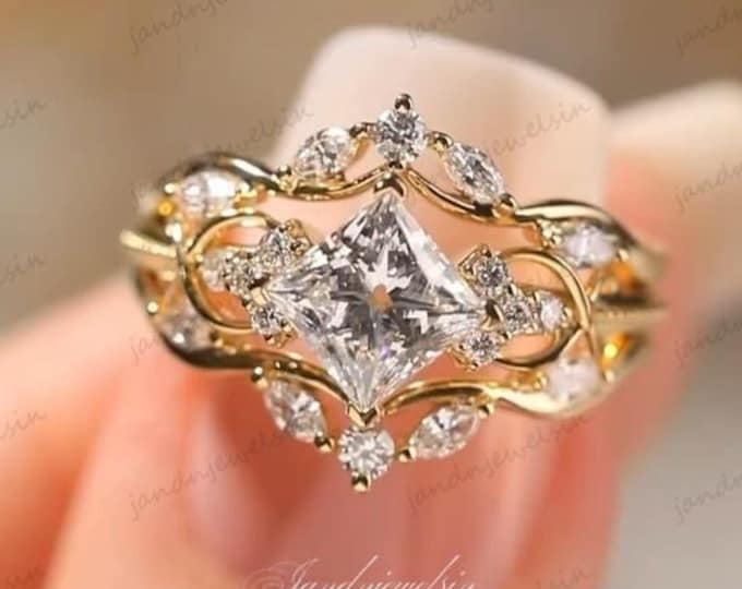 Featured listing image: Vintage 2CT Princess Cut Moissanite Diamond Engagement Ring Set 14K Solid Gold Unique Matching Band Wedding Bridal Ring Set Gift For Her