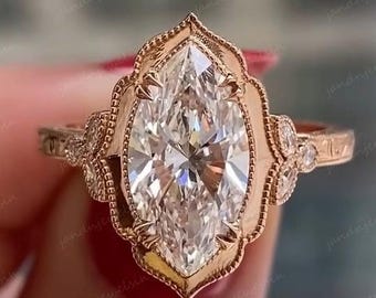 2.5CT Marquise Cut Moissanite Engagement Ring 14K Gold Vintage Milgrain Ring Art Deco Filigree Bridal Ring Engraved Wedding Ring For Her