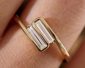 Elegant Baguette Cut Double Stone Ring Minimalist 14K Gold Band Modern Geometric Design Perfect Gift for Her Everyday Wear Jewelry
