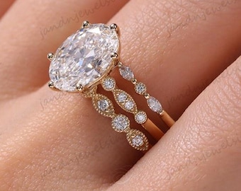 Oval Moissanite Engagement Ring Set with Gold Vintage Milgrain Diamond Band Unique Bridal Ring Set Dainty Stacking Wedding Rings for Women