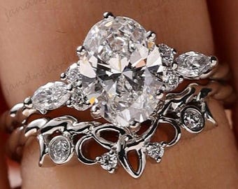 2.5CT Oval Cut Moissanite Engagement Ring Set 14K Solid Gold Vintage Floral Band Bridal Wedding Ring Unique Promise Ring Gift For Her