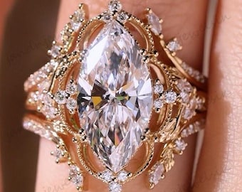 Vintage Inspired Marquise Moissanite Engagement Ring Set 14K Gold Art Deco Wedding Ring Curved Enhancer Band Vintage Ring Guard Bridal Set