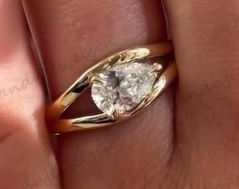 2CT Pear Cut Moissanite Engagement Ring 14K Solid Gold Solitaire Open Bypass Band Minimalist Wedding Ring Unique Christmas Gift