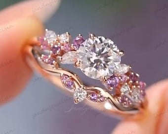 2CT Round Moissanite Engagement Ring Set 14K Rose Gold Floral Bridal Set Pink Sapphire Cluster Nature Inspired Wedding Ring Anniversary Gift