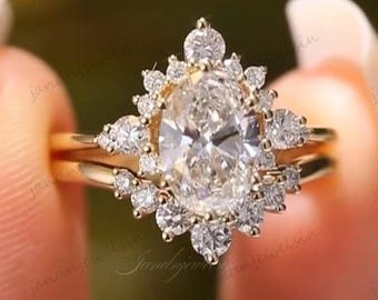 3CT Oval Moissanite Engagement Ring Set Diamond Starburst Halo 14K Yellow Gold Wedding Ring Vintage Inspired Bridal Ring Set for Her