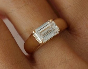 2.5CT Horizontal Emerald Cut Moissanite Engagement Ring 14K Gold Full Bezel East West Set Minimal Promise Ring Bridal Ring Wedding Ring