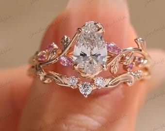 3CT Pear Moissanite Engagement Ring Set 14K Gold Floral Vine Bridal Set Nature Inspired Wedding Ring Unique Promise Ring Anniversary Gift