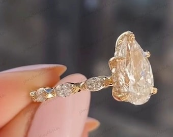 3CT Pear Cut Moissanite Engagement Ring 14K Gold Hidden Halo East West Setting Marquise Side Stones Vintage Floral Bridal Wedding Ring