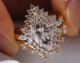 3CT Marquise Cut Moissanite Engagement Ring 14K Gold Halo Bridal Ring Floral Cluster Setting Unique Wedding Ring for Her Vintage Style Ring