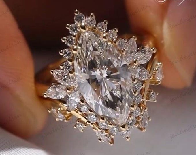 Featured listing image: 3CT Marquise Cut Moissanite Engagement Ring 14K Gold Halo Bridal Ring Floral Cluster Setting Unique Wedding Ring for Her Vintage Style Ring