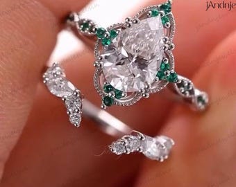 3CT Pear Moissanite Engagement Ring Set with Green Accent Stones Vintage Halo Bridal Set 14K White Gold Unique Wedding Ring Anniversary Gift