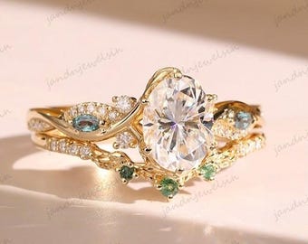 3CT Oval Moissanite Engagement Ring Set 14K Gold Vintage Floral Bridal Wedding Ring Unique Nature-Inspired Anniversary Gift for Her