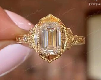 2CT Emerald Cut Moissanite Engagement Ring 14K Gold Vintage Milgrain Filigree Solitaire Ring Art Deco Ring Wedding Bridal Ring For Her